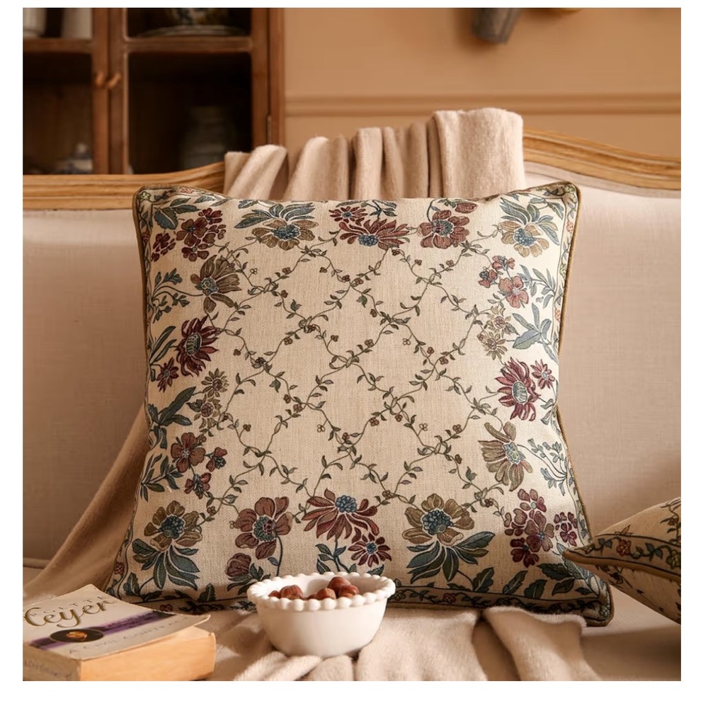 Decorative Vintage Floral Linen Pillow Cover Square 18x18” (1-count)